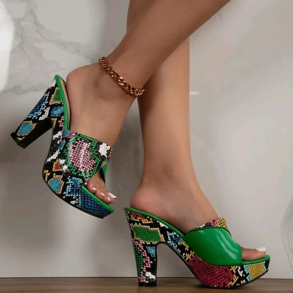 . Shoes - Snakeskin Embossed Platform Chunky Heeled Mule Sandals, Women's Fashionable High